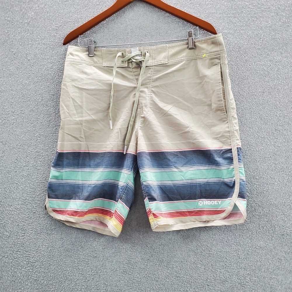 Hooey Men Shorts L Beige Swimwear Striped Board Shorts Logo 8" Inseam